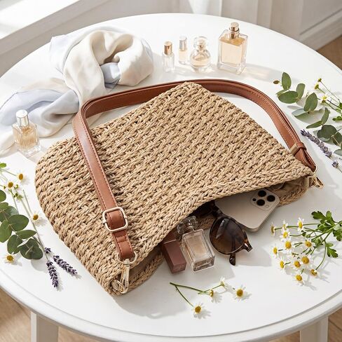 5 Pcs Summer Crossbody Bag for Women, Beach Handmade Straw Woven Handbag with Adjustable Shoulder Straps (Elegant) in Saudi Arabia