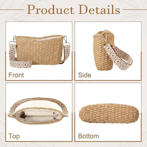 5 Pcs Summer Crossbody Bag for Women, Beach Handmade Straw Woven Handbag with Adjustable Shoulder Straps (Elegant) in Saudi Arabia