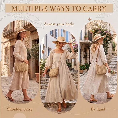 5 Pcs Summer Crossbody Bag for Women, Beach Handmade Straw Woven Handbag with Adjustable Shoulder Straps (Elegant) in Saudi Arabia