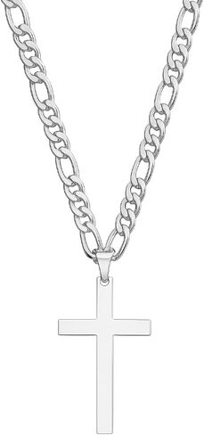 14K White Gold Figaro Chain Style Cross Pendant Necklace Solid Plated Clasp for Men,Women Diamond Cut Valentine 24inch in Saudi Arabia