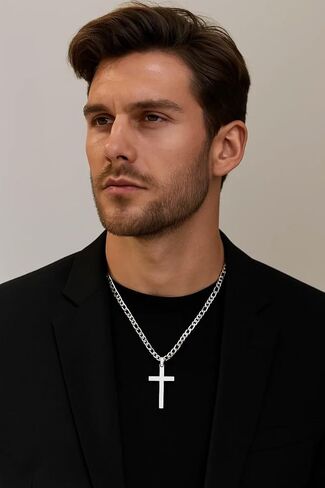 14K White Gold Figaro Chain Style Cross Pendant Necklace Solid Plated Clasp for Men,Women Diamond Cut Valentine 24inch in Saudi Arabia
