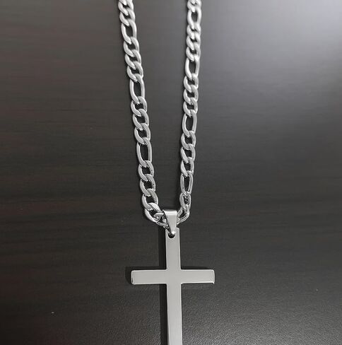 14K White Gold Figaro Chain Style Cross Pendant Necklace Solid Plated Clasp for Men,Women Diamond Cut Valentine 24inch in Saudi Arabia