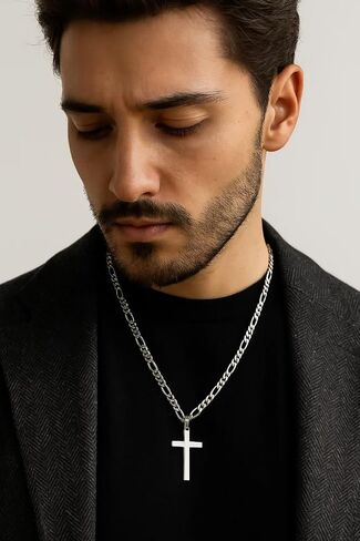 14K White Gold Figaro Chain Style Cross Pendant Necklace Solid Plated Clasp for Men,Women Diamond Cut Valentine 24inch in Saudi Arabia