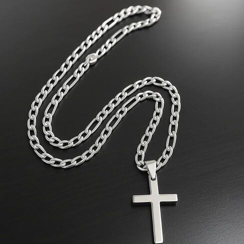 14K White Gold Figaro Chain Style Cross Pendant Necklace Solid Plated Clasp for Men,Women Diamond Cut Valentine 24inch in Saudi Arabia