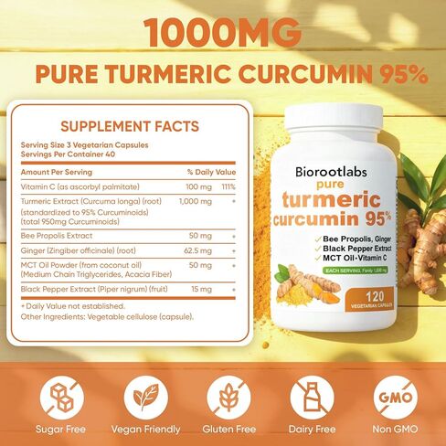 Biorootlabs Turmeric Curcumin Supplement 1000mg, Biorootlabs Pure Turmeric Curcumin 95, 6-in-1 Turmeric Curcumin Capsules with Bee Propolis, Ginger, Mct Oil, Fat Soluble Vitamin C & Black Pepper (2) in Saudi Arabia