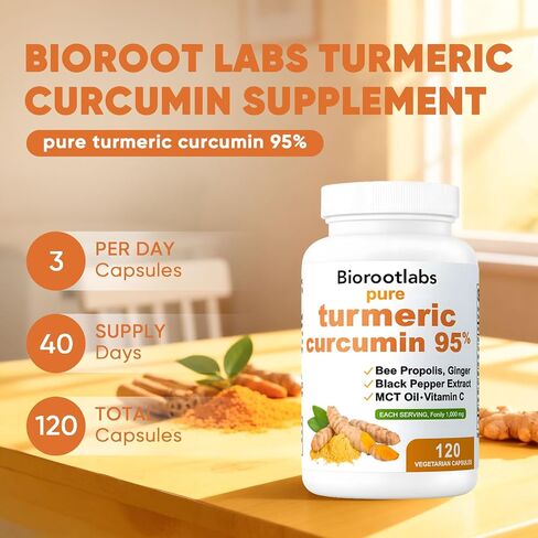 Biorootlabs Turmeric Curcumin Supplement 1000mg, Biorootlabs Pure Turmeric Curcumin 95, 6-in-1 Turmeric Curcumin Capsules with Bee Propolis, Ginger, Mct Oil, Fat Soluble Vitamin C & Black Pepper (2) in Saudi Arabia