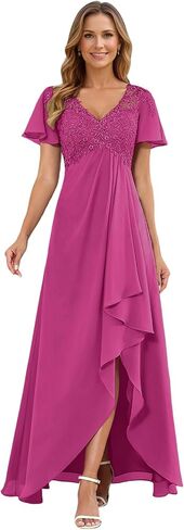 Chiffon Mother of The Bride Dresses for Women Lace Appliques Formal Dress V-Neck Pleated Wedding Guest Dress with Slit UU246 in Saudi Arabia
