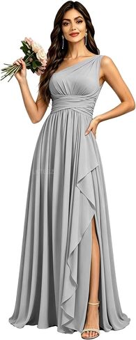 One Shoulder Bridesmaid Dresses for Women Long Ruffle Chiffon Formal Wedding Guest Dress with Slit in Saudi Arabia