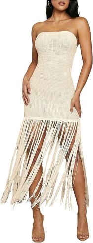 OYOANGLE Women's Crochet Fringe Tube Dress Strapless Knit Bodycon Mini Dresses Vacation Outfits in Kuwait