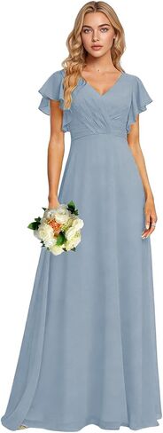 Nicktane Long Chiffon Bridesmaid Dresses - V Neck Ruffled Sleeves Formal Gown Elegant Wedding Guest Party Dress in Saudi Arabia