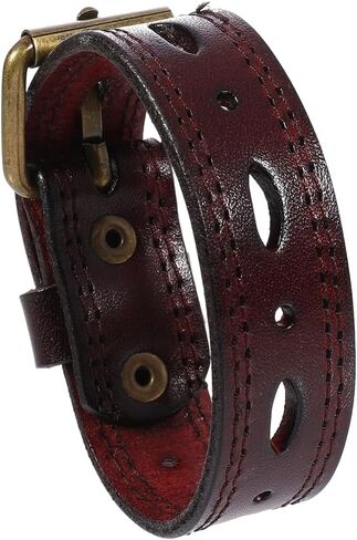 Vintage Wide Cowhide Leather Print Pattern Cuff Bracelet Retro Adjustable Handmade Genuine Leather Wrap Wristband Bangle with Snap Button for Men Women Halloween Costume Party in Saudi Arabia