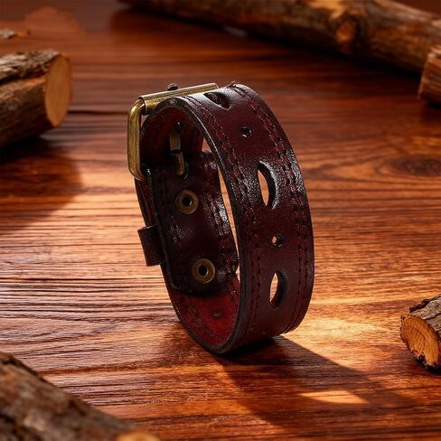Vintage Wide Cowhide Leather Print Pattern Cuff Bracelet Retro Adjustable Handmade Genuine Leather Wrap Wristband Bangle with Snap Button for Men Women Halloween Costume Party in Saudi Arabia