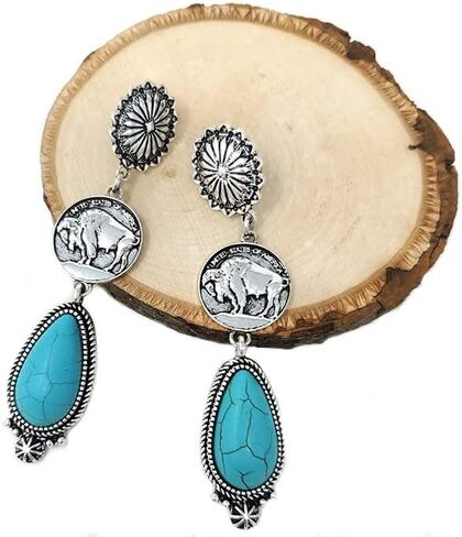Western Buffalo Coin Earrings Navajo Buffalo Coin Dangling (Turquoise) in Kuwait