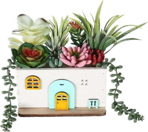 COTSEN 7.9 Inch Artificial Succulent Plants Wooden House Shape Potted Plants Gardening Gifts Fake Succulents for Home Office Indoor Outdoor Decor in Saudi Arabia