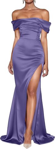 Women's Elegant Off Shoulder High Split Ruched Bodycon Long Formal Evening Dress in Saudi Arabia