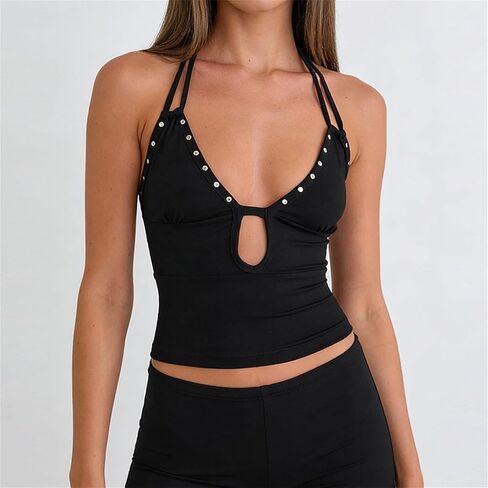 Women Keyhole Halter Cami Tops Studded V Neck Backless Fitted Going Out Top Y2K Camisole Tank Crop Tops in Saudi Arabia