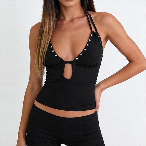 Women Keyhole Halter Cami Tops Studded V Neck Backless Fitted Going Out Top Y2K Camisole Tank Crop Tops in Saudi Arabia