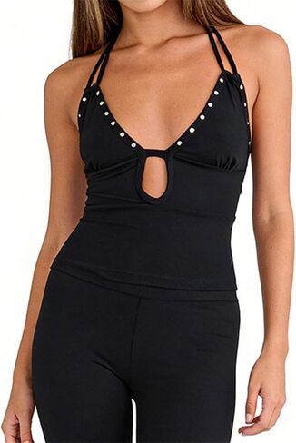 Women Keyhole Halter Cami Tops Studded V Neck Backless Fitted Going Out Top Y2K Camisole Tank Crop Tops in Saudi Arabia