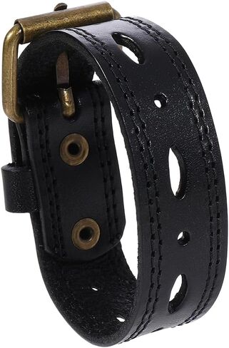 Vintage Wide Cowhide Leather Print Pattern Cuff Bracelet Retro Adjustable Handmade Genuine Leather Wrap Wristband Bangle with Snap Button for Men Women Halloween Costume Party in Saudi Arabia