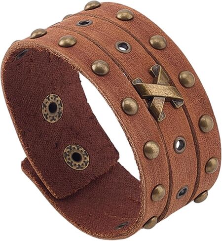 Vintage Wide Cowhide Leather Print Pattern Cuff Bracelet Retro Adjustable Handmade Genuine Leather Wrap Wristband Bangle with Snap Button for Men Women Halloween Costume Party in Saudi Arabia