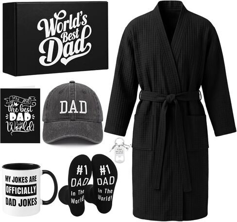 7 Pcs Dad Gift Set Best Dad Gifts for Father Care Package with Coffee Mug, Baseball Cap, Waffle Bathrobe, Socks, Bottle Opener Keychain, Card for Father's Day Birthday Christmas in Kuwait