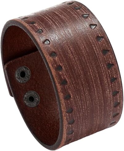 Vintage Wide Cowhide Leather Print Pattern Cuff Bracelet Retro Adjustable Handmade Genuine Leather Wrap Wristband Bangle with Snap Button for Men Women Halloween Costume Party in Saudi Arabia