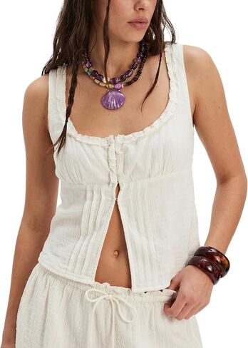 Women Boho Summer Pleated Ruffle Tank Top Scoop Neck Sleeveless Top Cami with Hook Front Tie Back Y2k Tops Clothes 2026 in Saudi Arabia