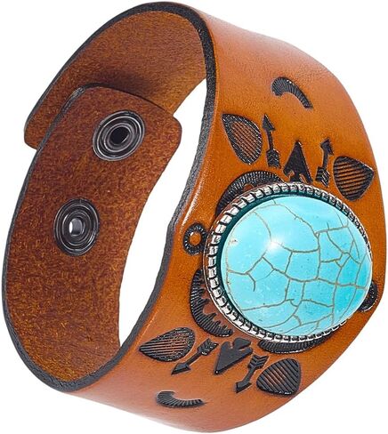 Vintage Wide Cowhide Leather Print Pattern Cuff Bracelet Retro Adjustable Handmade Genuine Leather Wrap Wristband Bangle with Snap Button for Men Women Halloween Costume Party in Saudi Arabia