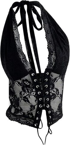 BEAUDRM Women's Floral Lace Halter Corset Tops Lace Up Open Back Sleeveless Sexy Rave Party Tops Clubwear in Saudi Arabia