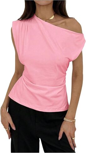 MakeMeChic Women's Summer Off The Shoulder Asymmetrical Tank Top Cinched Waist Tie Back Business Casual Tops in Saudi Arabia