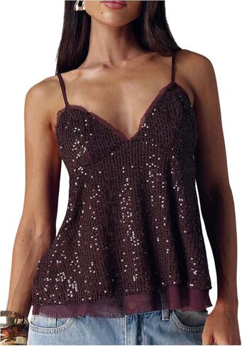 MakeMeChic Women's Sequin Babydoll Tank Top Peplum Flowy Spaghetti Strap Y2k Cute Cami Going Out Tops in Saudi Arabia