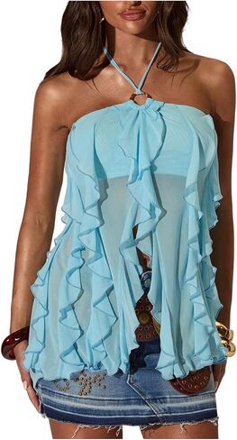 MakeMeChic Women's Ruffle Halter Top Sheer Sleeveless Slim Fit Tie Open Back Bohemian Crop Tank Tops in Saudi Arabia