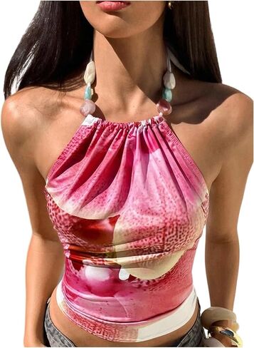 Milumia Women's Y2k Floral Ruched Halter Crop Top Beaded Tie Back Sleeveless Summer Going Out Tops in Kuwait