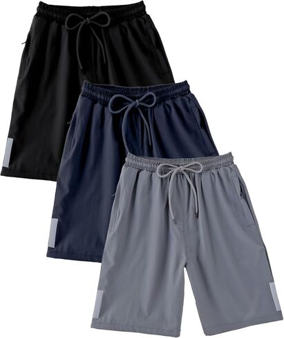 3 Pack Boys Quick-Dry Athletic Shorts with Zipper Pockets&Adjustable Drawstring Lightweight Running Short for Sports in Saudi Arabia