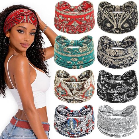 Awumbuk Wide Headbands for Women Knotted Non Slip, 8 Pack Soft Head Bands to Hide Hairline, Fashion Boho Style Bandana, Moisture Wicking Hair Bands for Workout Sports Yoga Makeup in Saudi Arabia