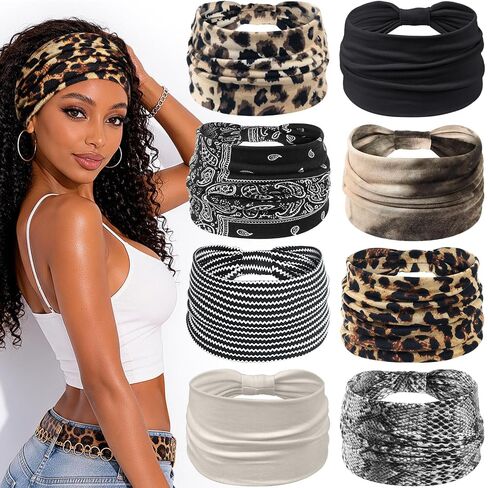 Awumbuk Wide Headbands for Women Knotted Non Slip, 8 Pack Soft Head Bands to Hide Hairline, Fashion Boho Style Bandana, Moisture Wicking Hair Bands for Workout Sports Yoga Makeup in Saudi Arabia