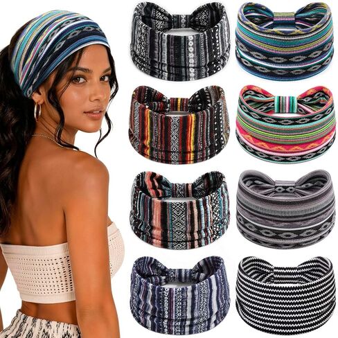 Awumbuk Wide Headbands for Women Knotted Non Slip, 8 Pack Soft Head Bands to Hide Hairline, Fashion Boho Style Bandana, Moisture Wicking Hair Bands for Workout Sports Yoga Makeup in Saudi Arabia