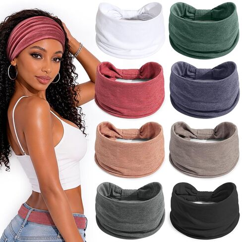 Awumbuk Wide Headbands for Women Knotted Non Slip, 8 Pack Soft Head Bands to Hide Hairline, Fashion Boho Style Bandana, Moisture Wicking Hair Bands for Workout Sports Yoga Makeup in Saudi Arabia