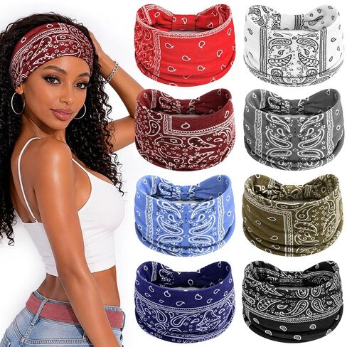 Awumbuk Wide Headbands for Women Knotted Non Slip, 8 Pack Soft Head Bands to Hide Hairline, Fashion Boho Style Bandana, Moisture Wicking Hair Bands for Workout Sports Yoga Makeup in Saudi Arabia