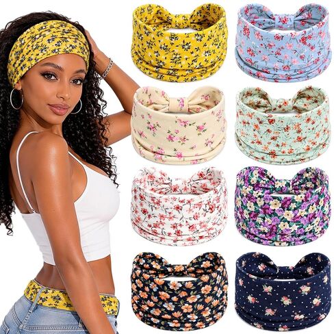 Awumbuk Wide Headbands for Women Knotted Non Slip, 8 Pack Soft Head Bands to Hide Hairline, Fashion Boho Style Bandana, Moisture Wicking Hair Bands for Workout Sports Yoga Makeup in Saudi Arabia