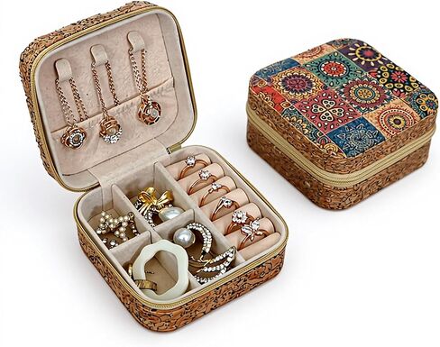Retro Cork Jewelry Box with Bohemian Patterns for Storing Rings, Necklaces and Earrings During Travel, Soft Velvet Interior, 3.8x3.8x1.8 Inches in Saudi Arabia