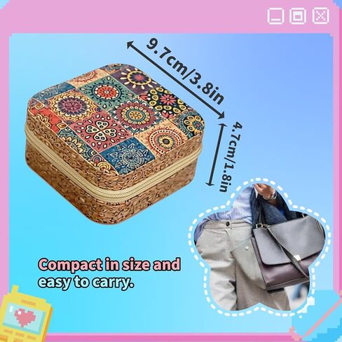 Retro Cork Jewelry Box with Bohemian Patterns for Storing Rings, Necklaces and Earrings During Travel, Soft Velvet Interior, 3.8x3.8x1.8 Inches in Saudi Arabia