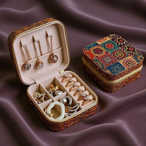 Retro Cork Jewelry Box with Bohemian Patterns for Storing Rings, Necklaces and Earrings During Travel, Soft Velvet Interior, 3.8x3.8x1.8 Inches in Saudi Arabia