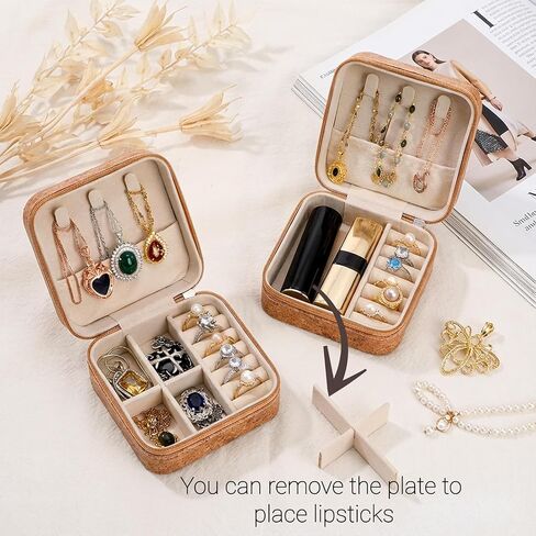 Retro Cork Jewelry Box with Bohemian Patterns for Storing Rings, Necklaces and Earrings During Travel, Soft Velvet Interior, 3.8x3.8x1.8 Inches in Saudi Arabia