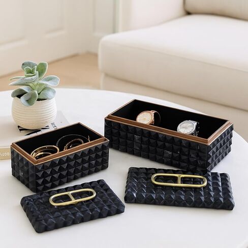 Decorative Jewelry Boxes for Home Decor – Elegant Keepsake and Storage Boxes with Lid – Studded Pattern Home Organizer for Living Room Decor, Bedroom, Office, or Shelf Set of 2 – 6" Gray & Gold in Saudi Arabia