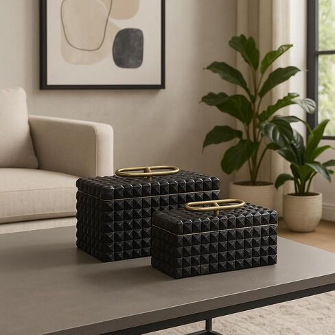 Decorative Jewelry Boxes for Home Decor – Elegant Keepsake and Storage Boxes with Lid – Studded Pattern Home Organizer for Living Room Decor, Bedroom, Office, or Shelf Set of 2 – 6" Gray & Gold in Saudi Arabia