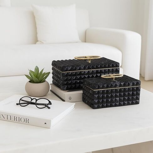 Decorative Jewelry Boxes for Home Decor – Elegant Keepsake and Storage Boxes with Lid – Studded Pattern Home Organizer for Living Room Decor, Bedroom, Office, or Shelf Set of 2 – 6" Gray & Gold in Saudi Arabia