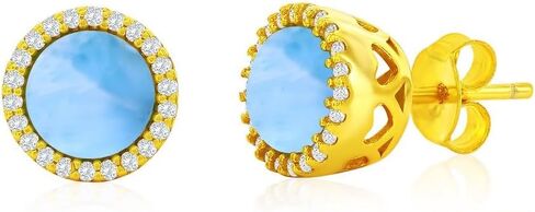 Sterling Silver 9.5mm Natural Larimar Earrings - Natural Gemstone Jewelry - White Simulated Diamond Halo & Round Blue Larimar Stud Earrings in Kuwait