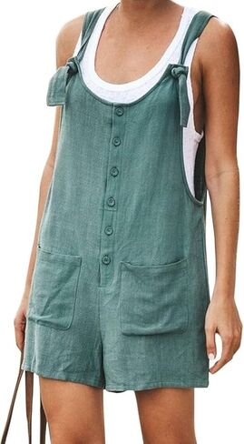 Women's Solid Cotton and Linen Jumpsuits Short Summer Casual Rompers Overalls Sleeveless Knot Strap Jumpsuits in Kuwait