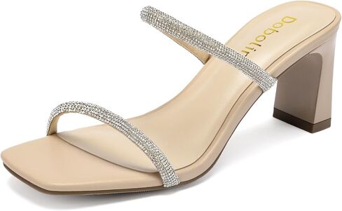 Womens Rhinestone Block Heel Sandals Square Open Toe Two Strap Slip On Mules Sparkly High Heels Daily Party Wedding Dress Shoes in Saudi Arabia